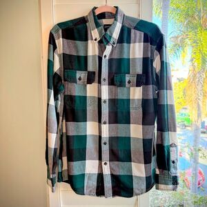 Faded Glory Flannel Plaid Shirt in Green Black & White Herringbone size Small